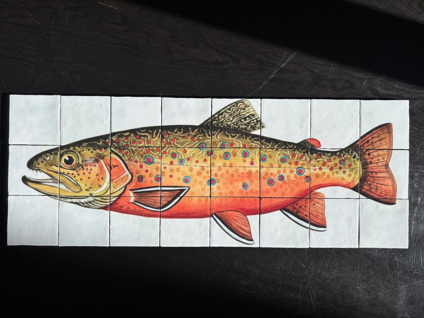 bronforel tegel tableau, forel wanddecoratie, vis op tegels, keramische wanddecoratie, tegelkunst, tegel tableau vis, forel kunst, natuurillustratie wanddecoratie, vissers cadeau, vis decoratie woonkamer, keuken wanddecoratie, grote tegelwand, keramische tegeltjes kunst, UV print tegels, Scandinavische wanddecoratie, natuurkunst, visrestaurant decoratie, forel schilderij, moderne tegelkunst, Minikunstbieb, tegel tableau 24 tegels, wandkunst vis, bronforel kunstwerk, unieke wanddecoratie, visliefhebber cadea