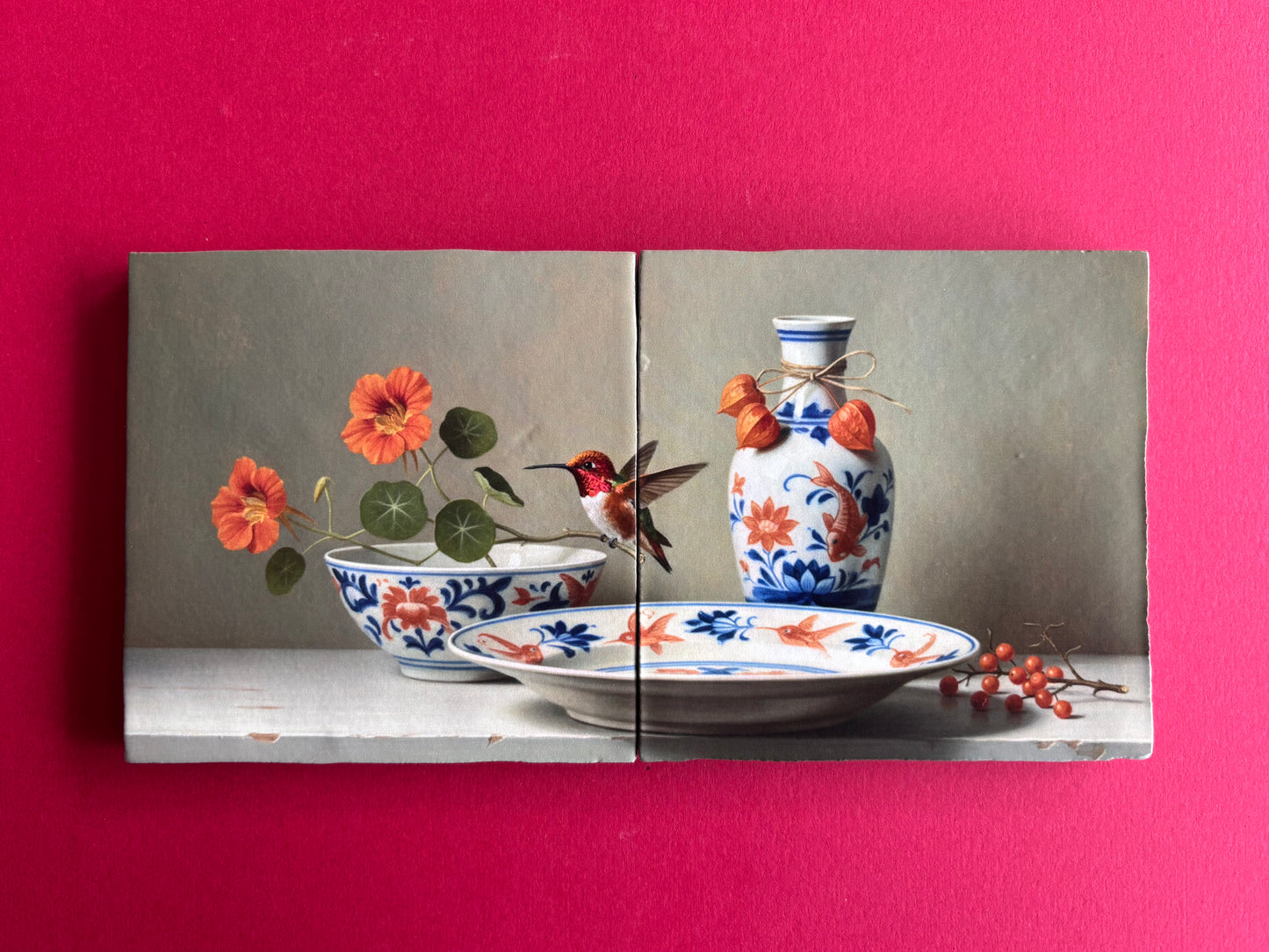 Tweeluik Kolibrie op oranje blauw servies