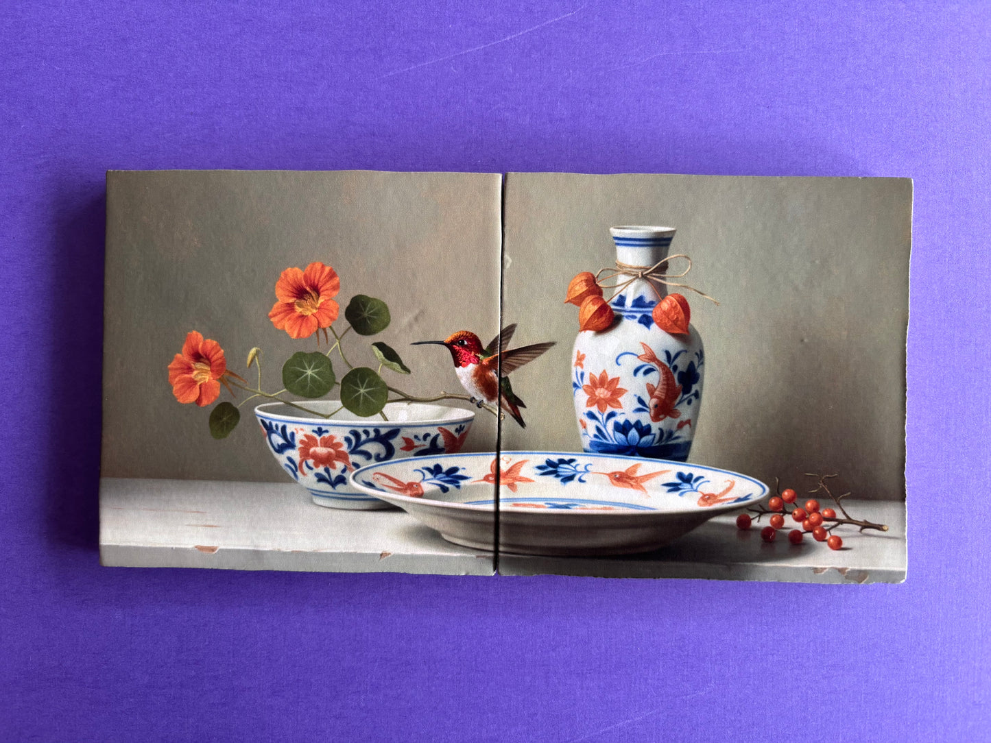 Tweeluik Kolibrie op oranje blauw servies
