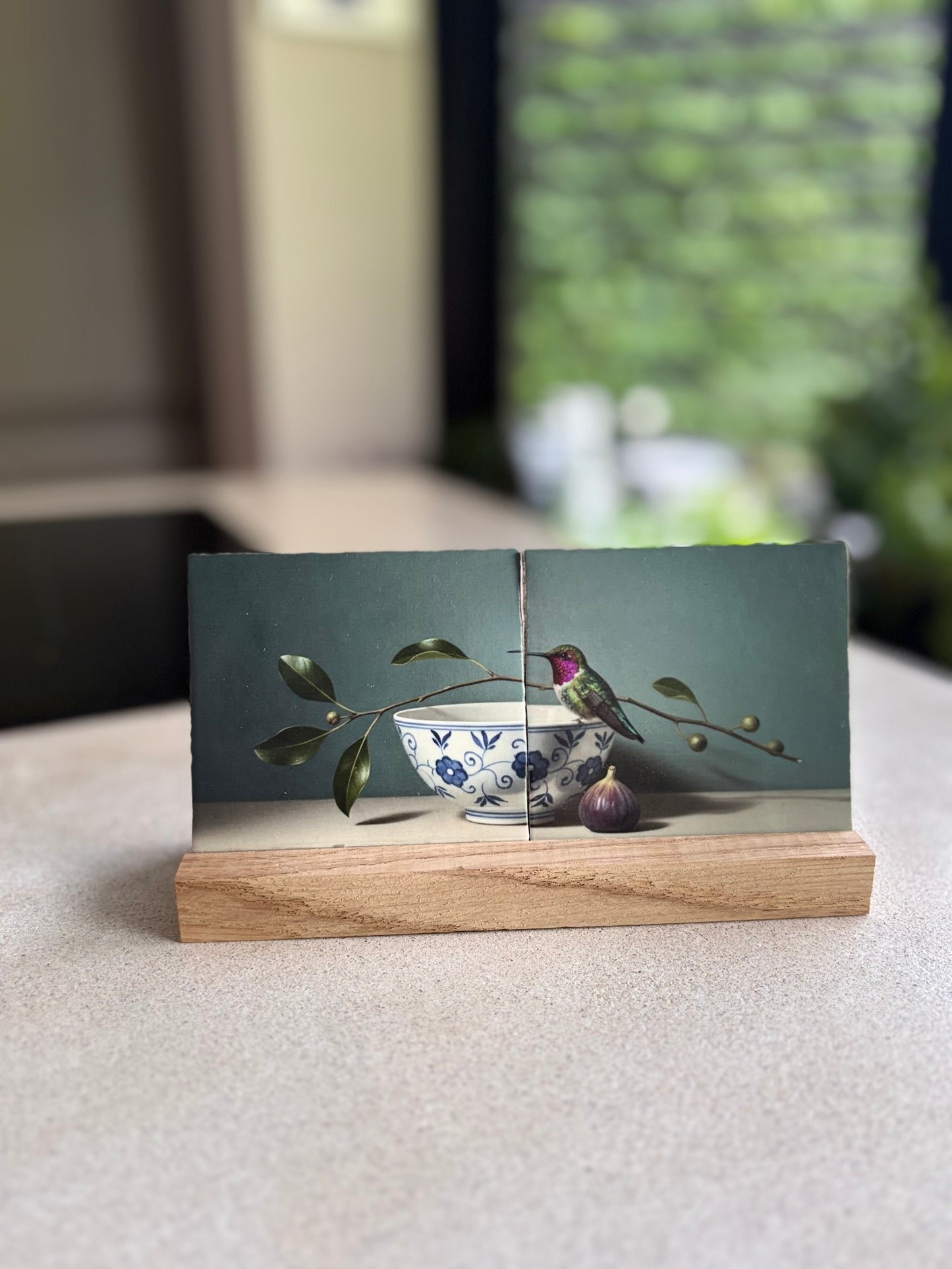 Tegel Tweeluik Kolibrie en Vijg | Kleurrijke Vogel Wanddecoratie