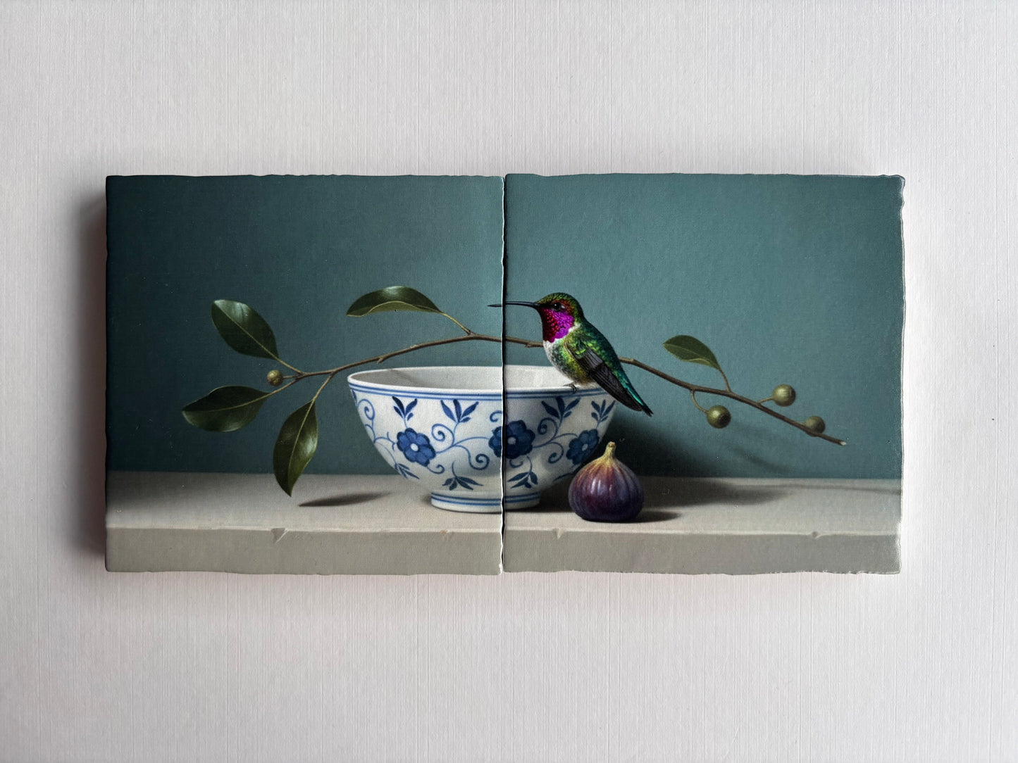 Tegel Tweeluik Kolibrie en Vijg | Kleurrijke Vogel Wanddecoratie