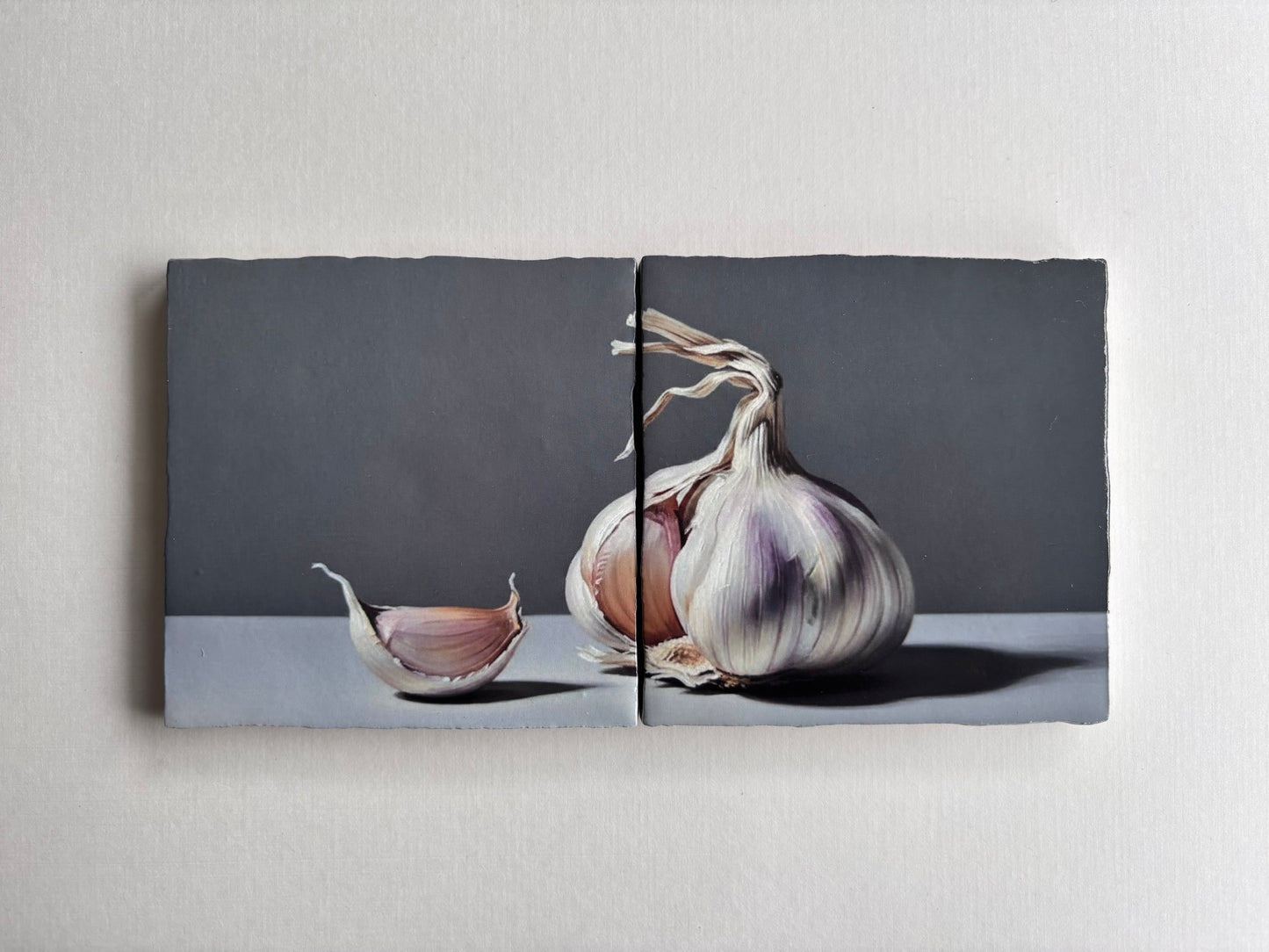 Knoflook, teentje, tegel, kunst , tweeluik, interieur, restaurant, decoratie