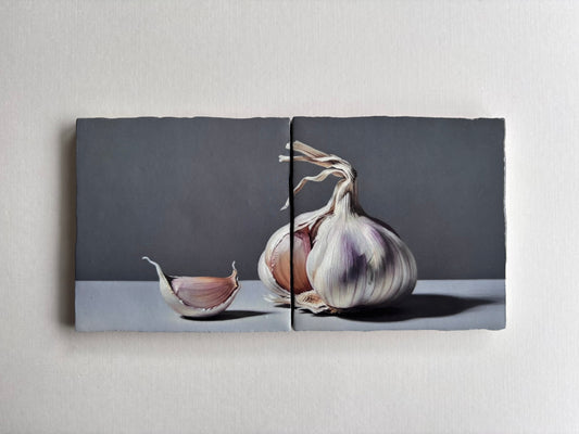 Knoflook, teentje, tegel, kunst , tweeluik, interieur, restaurant, decoratie